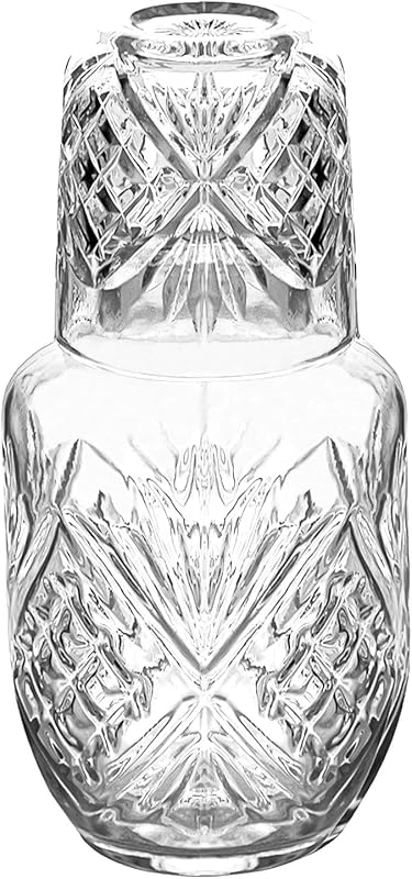 Modern Ticked Glass Bedside Water Carafe & Cup Set, 18.5 oz Clear Pitc