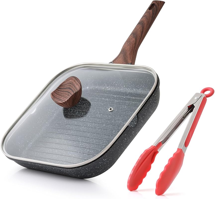 Kordisen 11 Inch Square Nonstick Grill Pan with Lid, Granite Coating, 