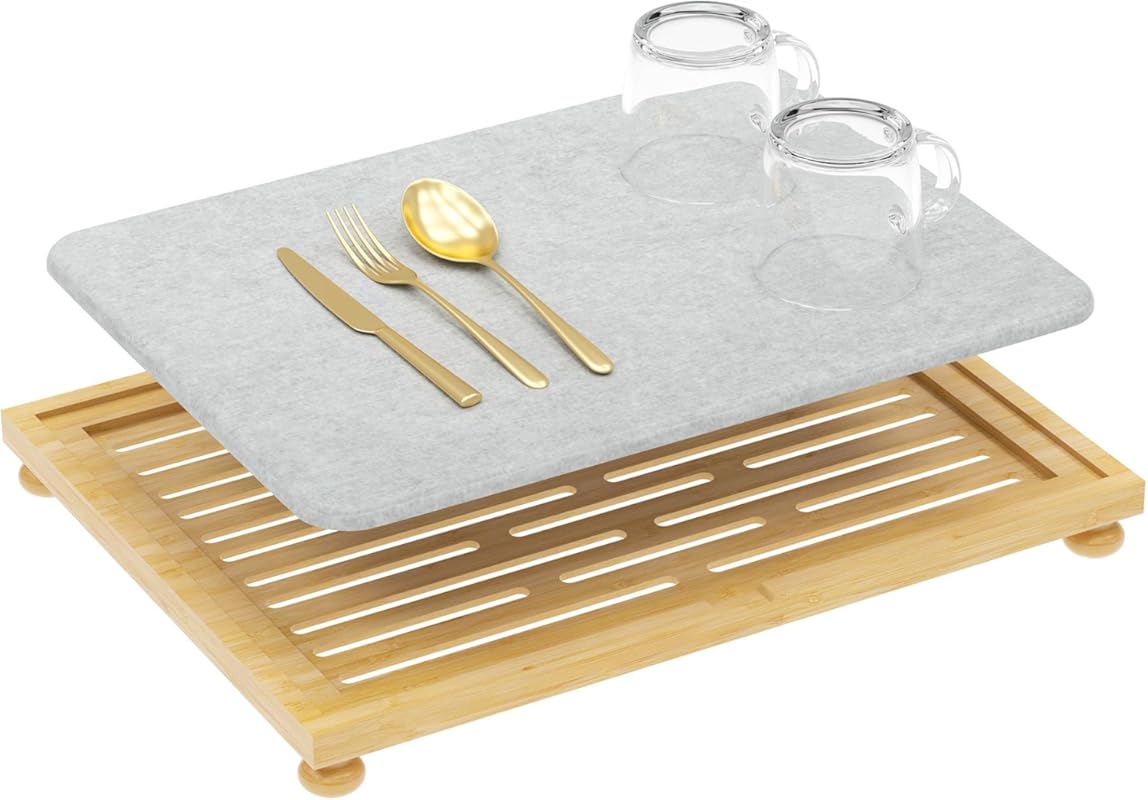 Golener Stone Dish Drying Mat for Kitchen Counter with Bamboo Rack – S