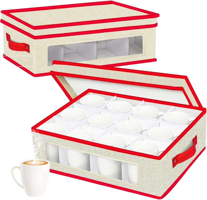 homyfort 2-Pack Hard Shell Mug Storage Box with Dividers for 24 Tea & 