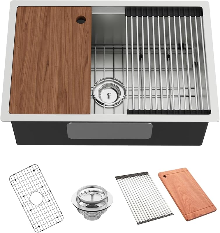 27x18 Inch Undermount Stainless Steel Single Bowl Kitchen Workstation 