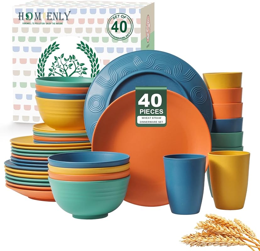 Homienly 40-Piece Unbreakable Wheat Straw Dinnerware for 8, Plates, Bo