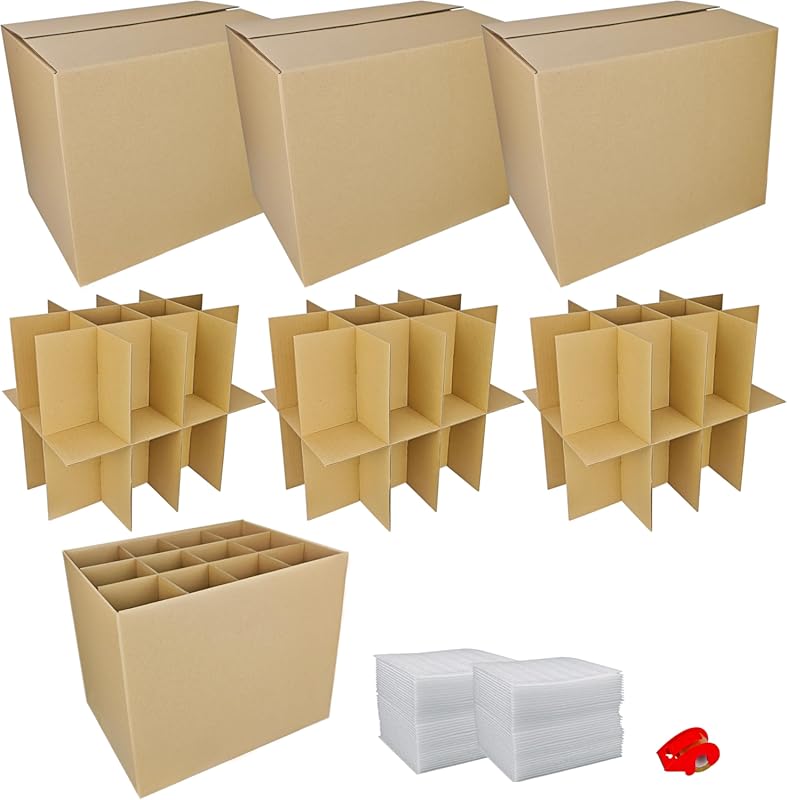 3 Sets Moving Boxes (16x12x13) with Dividers, 72 Foam Pouches & Tape D