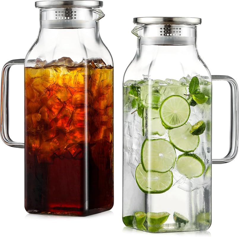 Netany 2 Pack 68oz Square Glass Pitchers with Lids & Handles, Borosili