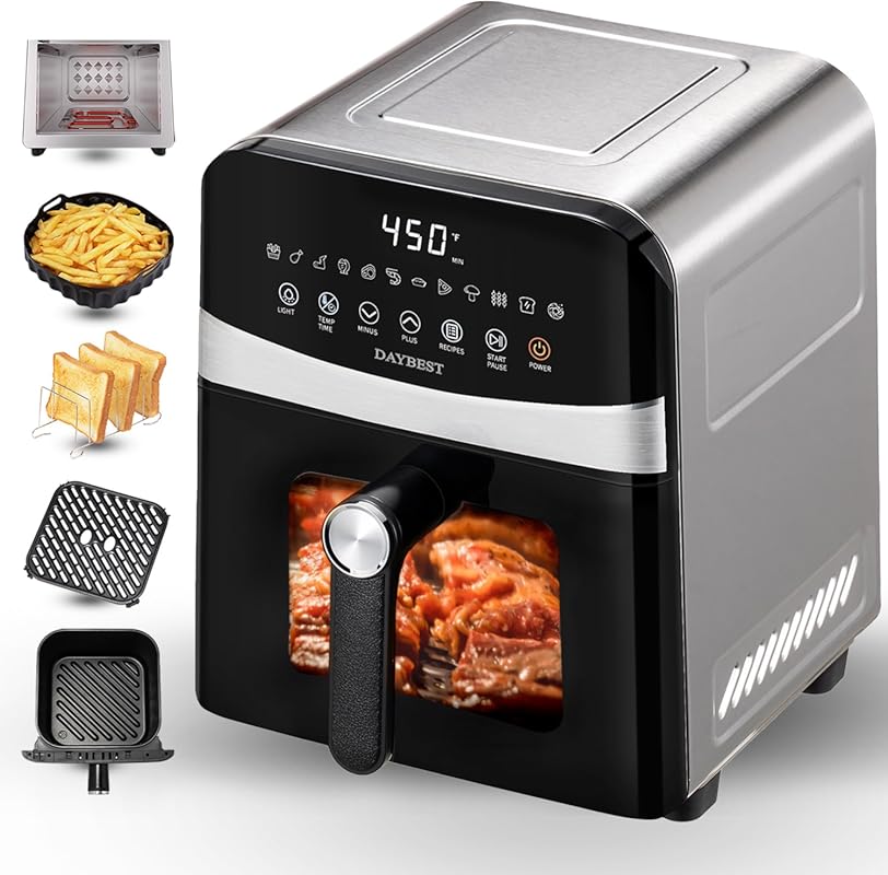 DAYBEST 6QT Stainless Steel 12-in-1 Air Fryer with Visible Teflon-Free