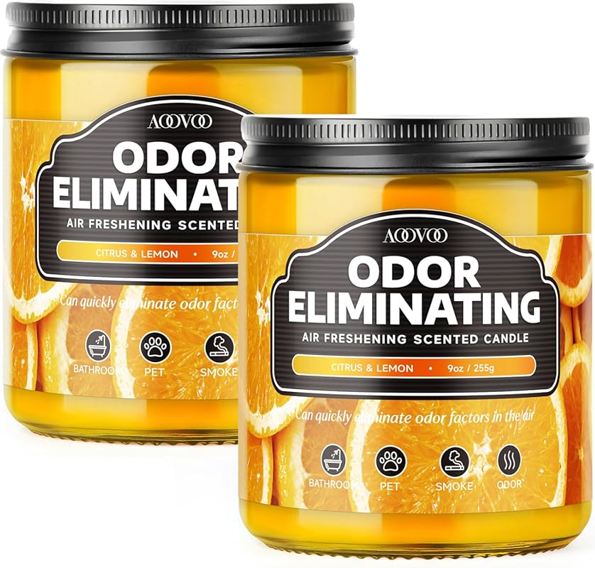 AOOVOO 2-Pack Citrus Lemon Odor Eliminating Soy Candles, 100-Hour Burn
