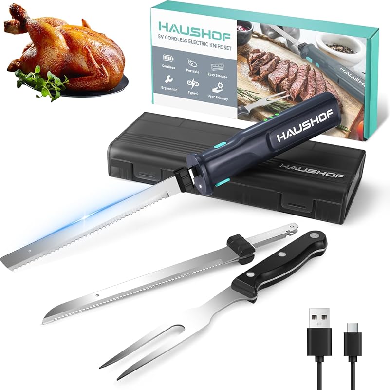 HAUSHOF 8V Cordless Rechargeable Electric Knife Set for Meat & Bread, 