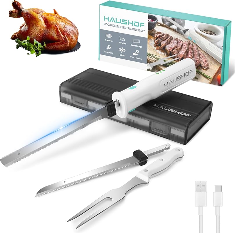HAUSHOF Cordless Electric Knife Set: Rechargeable for Meat, Bread. Sta