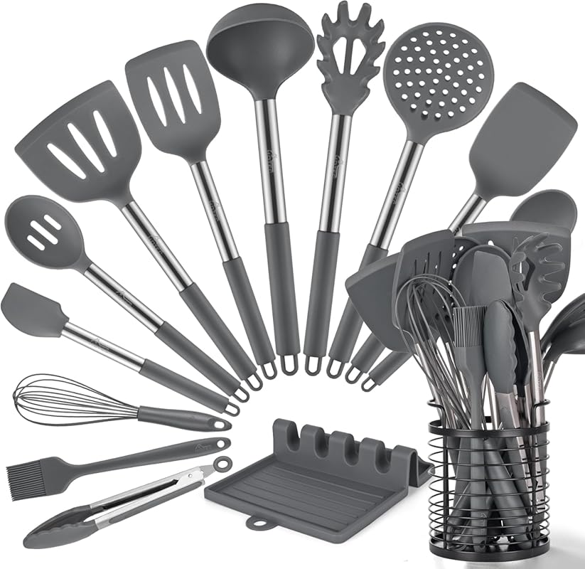 HOTEC 14pc Silicone Utensil Set (Grey): 446°F Heat Resistant, BPA-Free