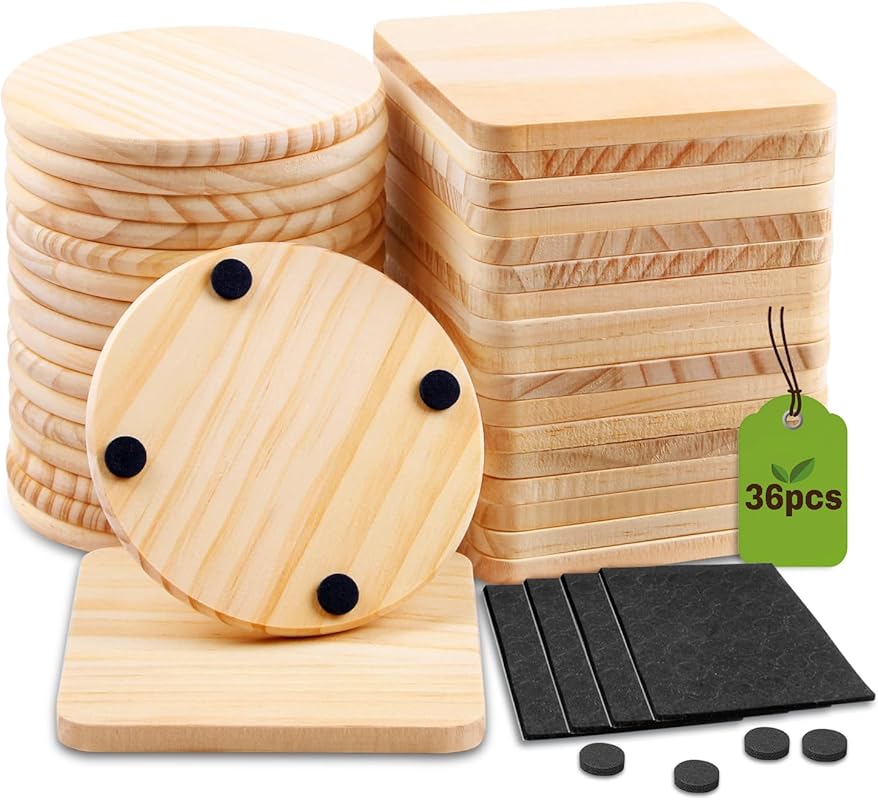 Cymuber 36 Pcs 4-Inch Unfinished Wood Coasters with Non-Slip Pads for