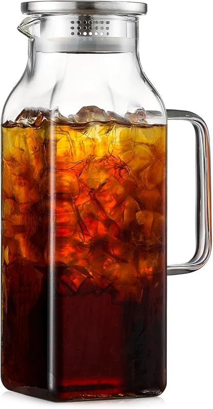 2 Quart Square Glass Pitcher with Lid & Handle, Borosilicate Carafe fo