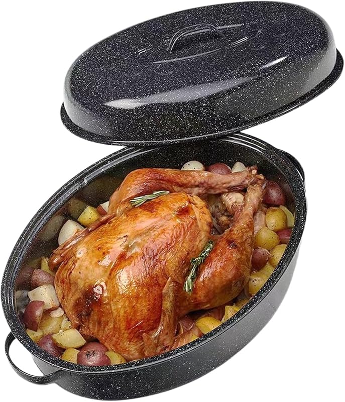 18in Enamel Carbon Steel Oval Roaster Pan with Lid, 18lb Capacity & Hi