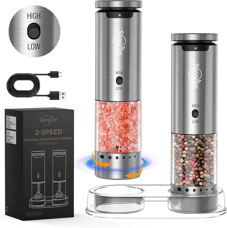 Sangcon 2-Speed Rechargeable Electric Salt & Pepper Grinder Set, Autom
