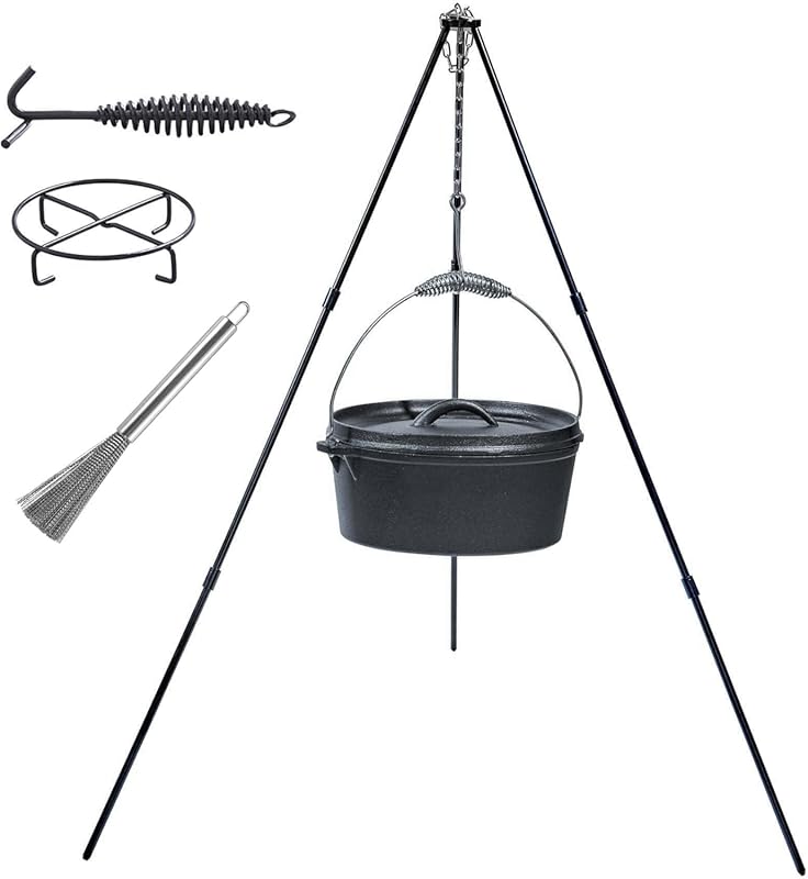 4.5 Qt Cast Iron Camping Dutch Oven with Lid, Lifter, Tripod & Scrubbe