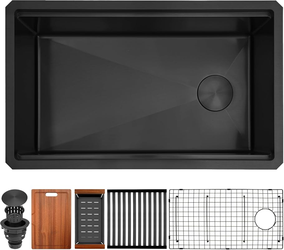 Black 30-inch Undermount 16 Gauge Stainless Steel Single Bowl Workstat