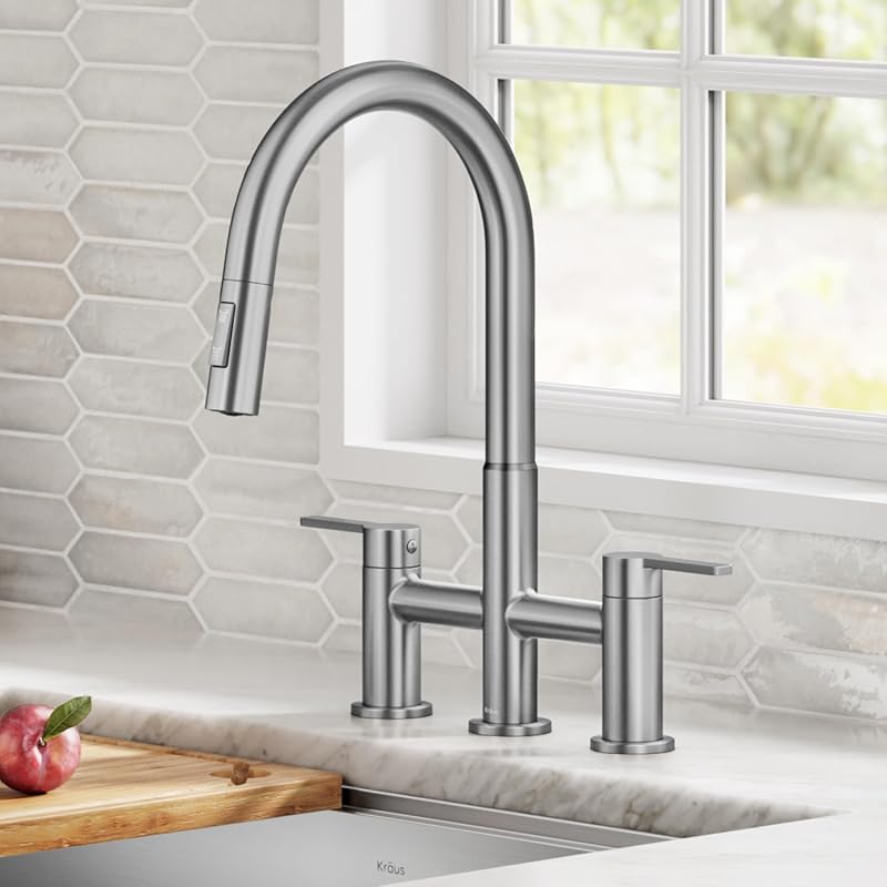 KRAUS Oletto Bridge Kitchen Faucet with Pull-Down Sprayhead, Spot-Free