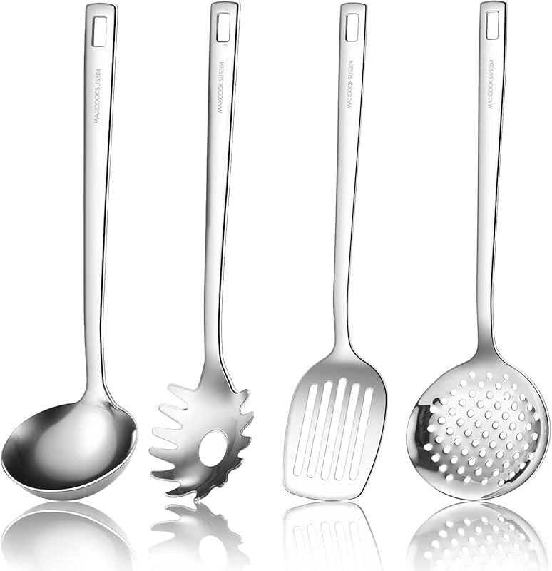 18/8 Stainless Steel Cooking Utensils Set: Ladle, Spaghetti Server, Sl