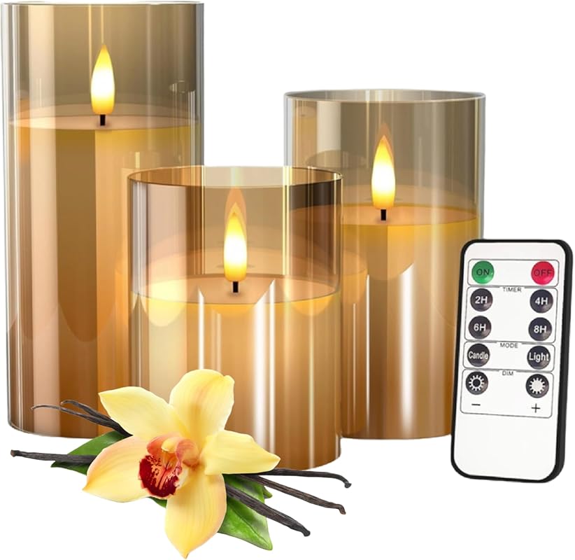 Gold Vanilla Scented Flameless LED Pillar Candles, Glass Wax, Battery 