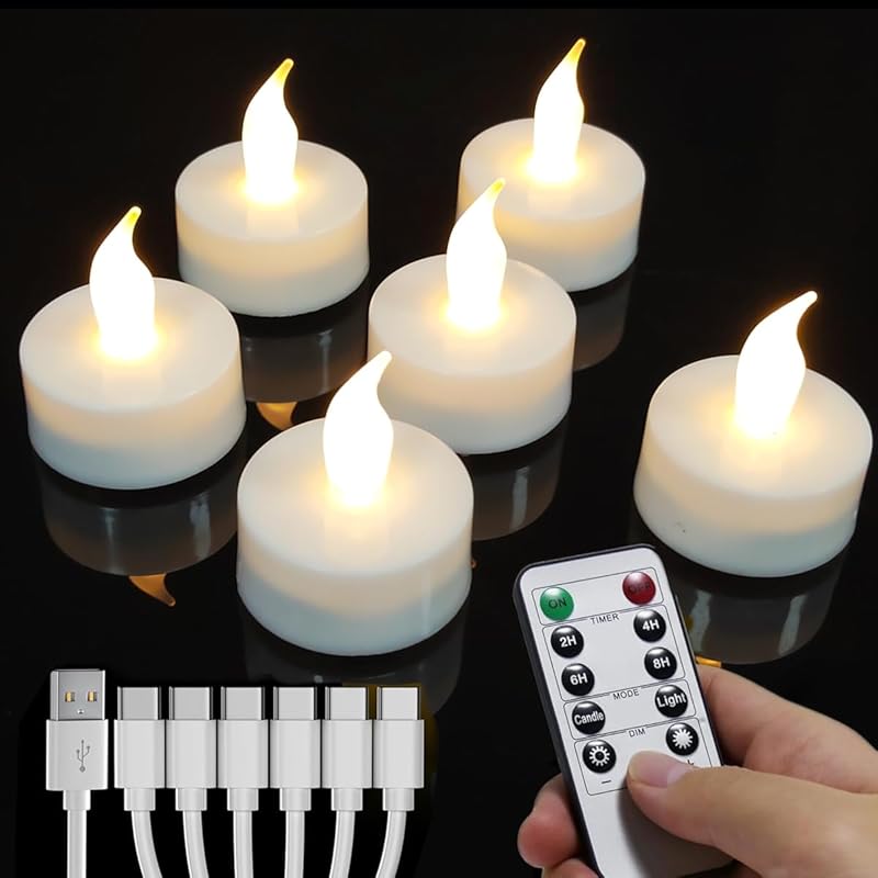 6-Pack Warm White Rechargeable Flameless LED Tea Lights with Remote, T