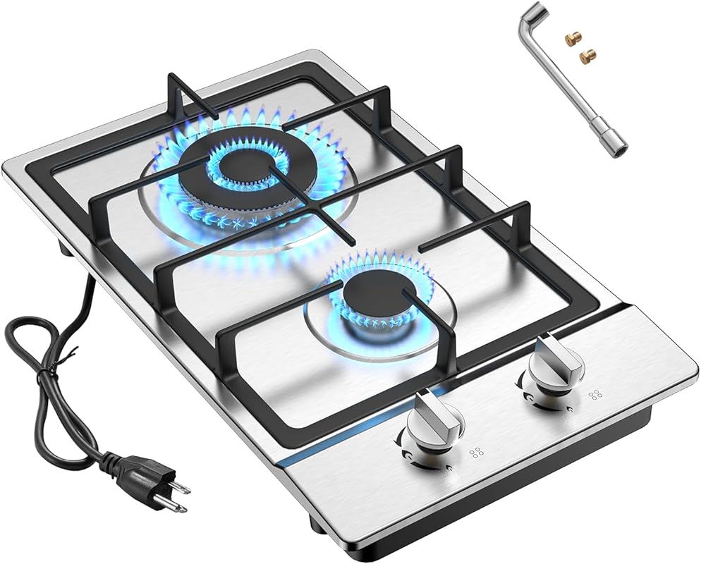 12 Inch 2 Burner Built-in Gas Cooktop, Stainless Steel Propane/NG Dual