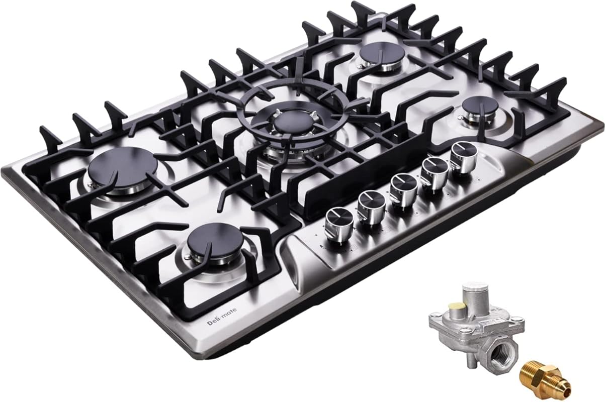 30 Inch Built-in Stainless Steel Gas Cooktop, 5 Burners, LPG/NG Conver
