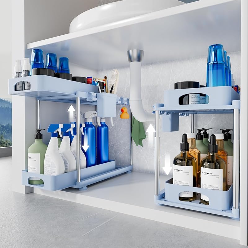 VERIFOST 2 Pack 2 Tier Under Sink Organizer, Adjustable Height Cabinet