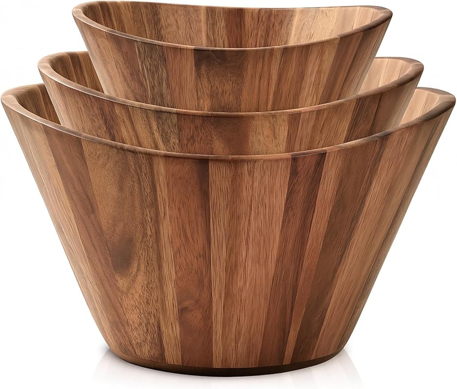 Woodenhouse Wooden Salad Bowl Set of 3, Wavy Design, Handmade Natural