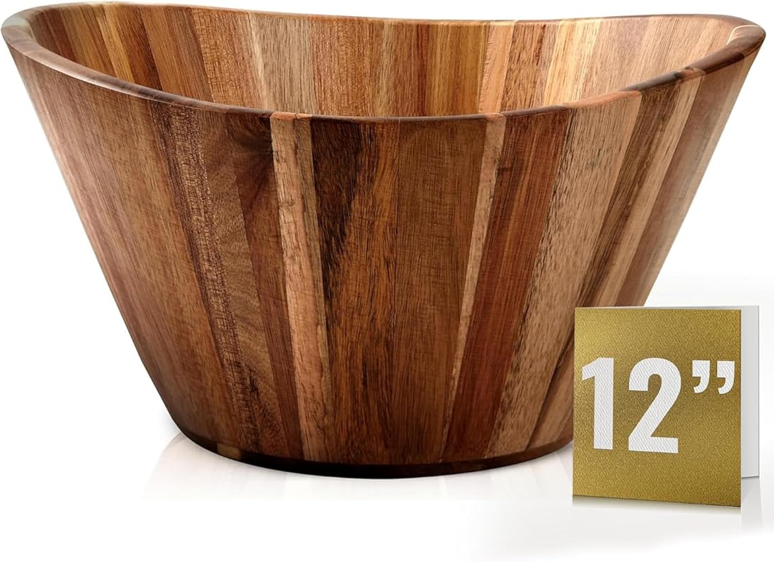 Woodenhouse 12-inch Wavy Wooden Salad Bowl, Large, Handmade Natural Wo