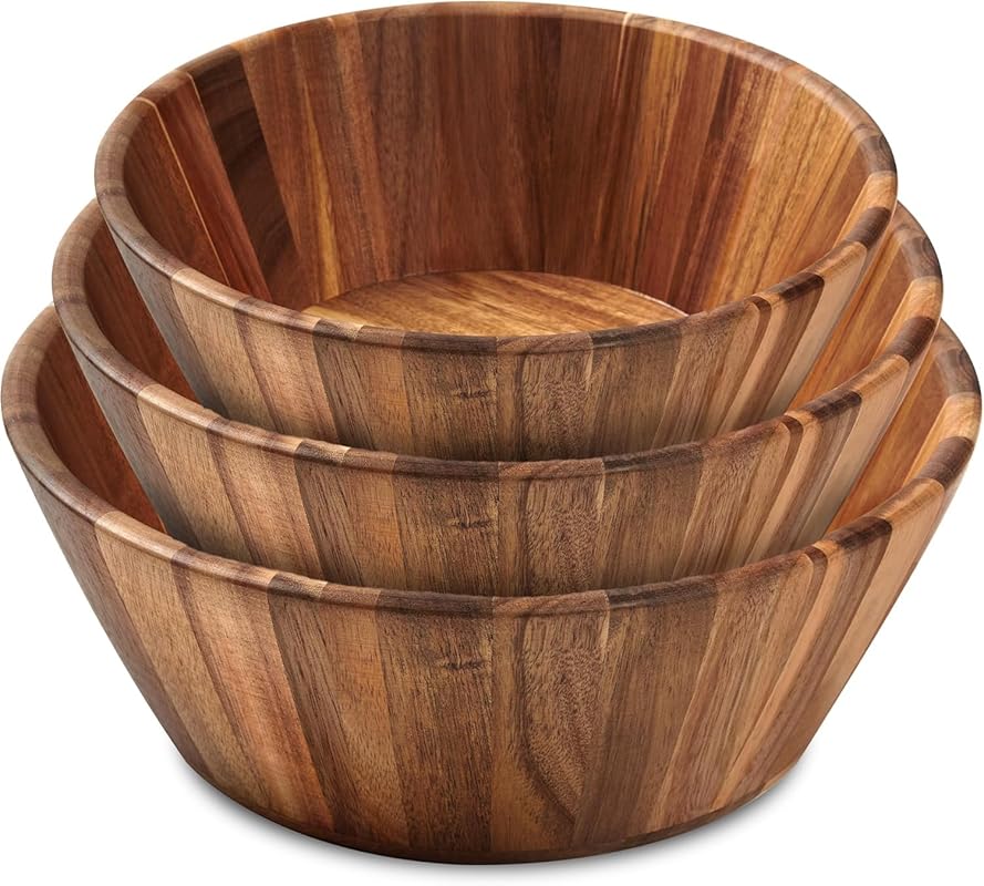 Woodenhouse Round Design Large Wooden Salad Bowl Set of 3, Handmade Na