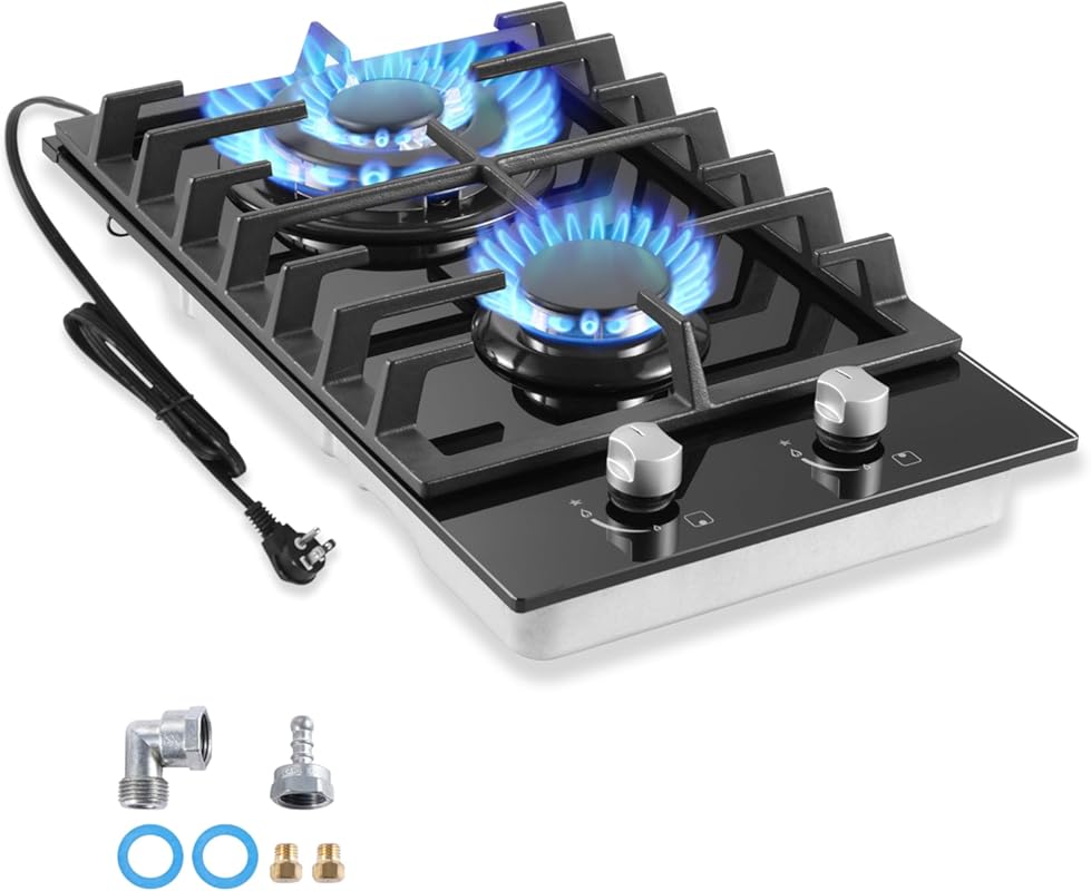 12 Inch 2 Burner Built-in Gas Cooktop, Tempered Glass Propane/NG Dual 