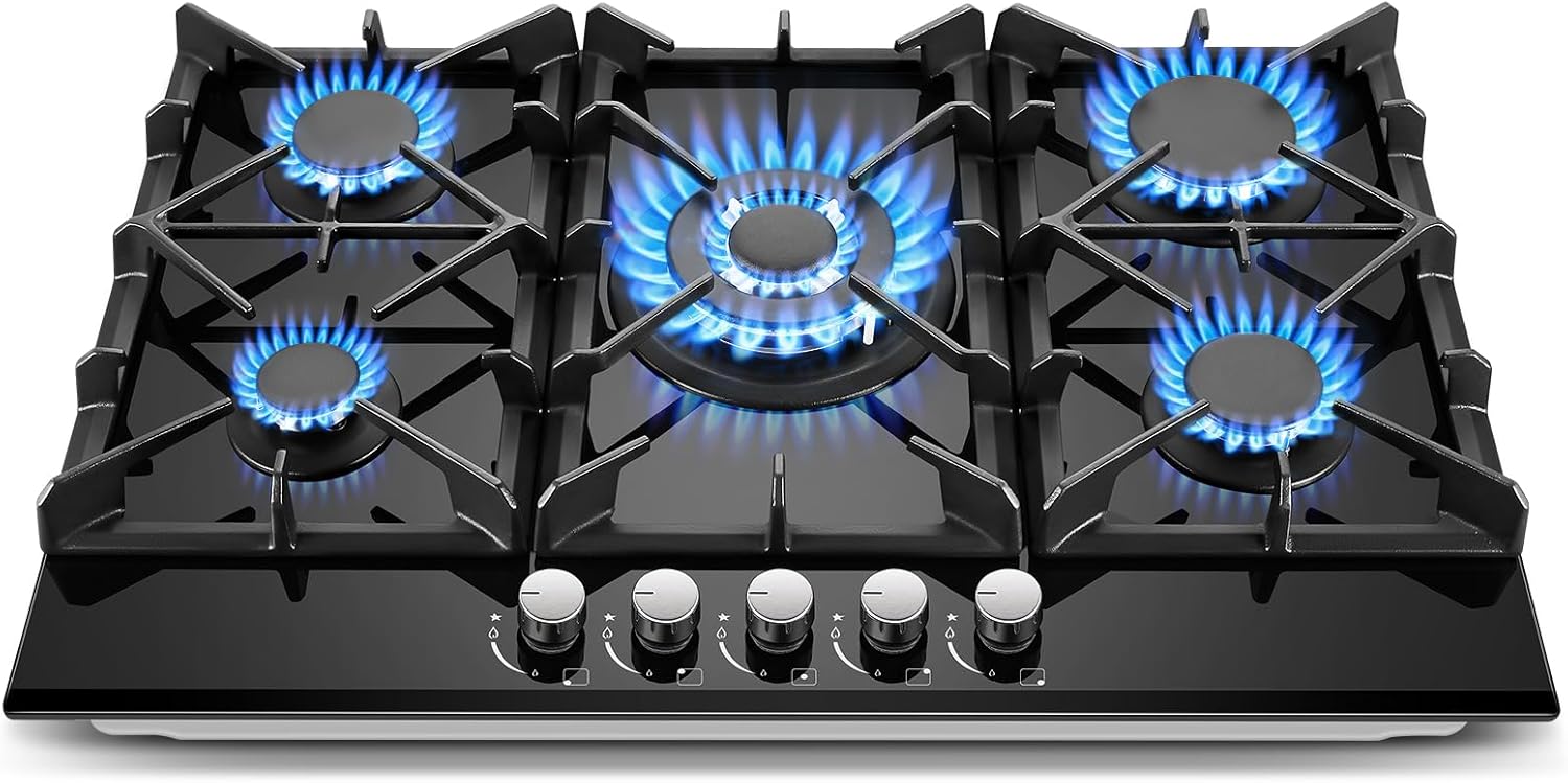 Amzgachfktch 30-inch Built-in Gas Cooktop, 5 Burner Black Tempered Gla