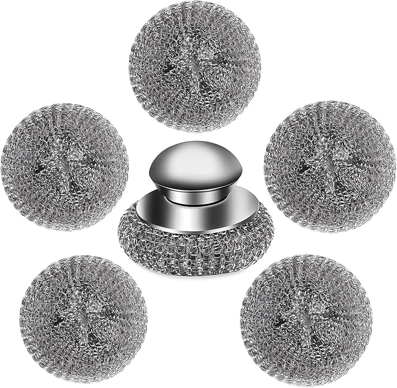 Steel Wool Scrubber with Handle & 5 Replacement Pads