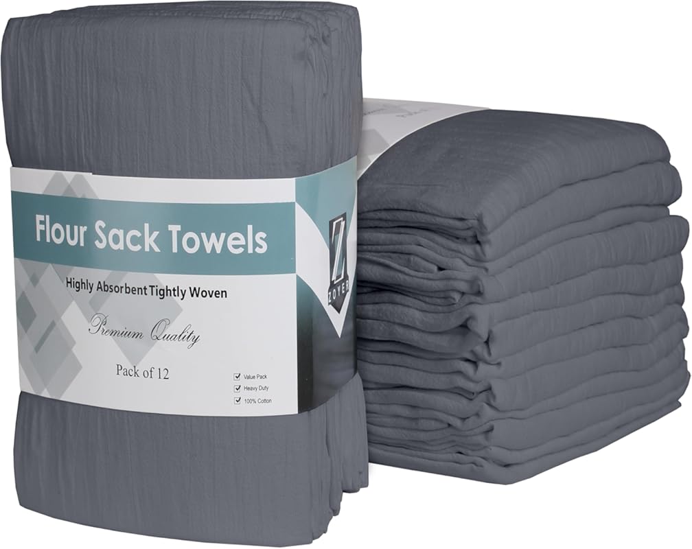 ZOYER 12-Pack Flour Sack Towels 28x28 – Grey, 100% Cotton, Ultra Absor