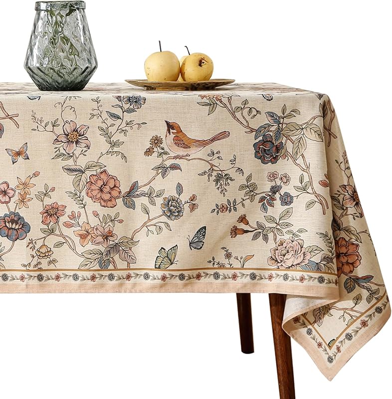 ISAENNE Light Beige Long Tablecloth, Linen Floral & Birds Pattern, Ant