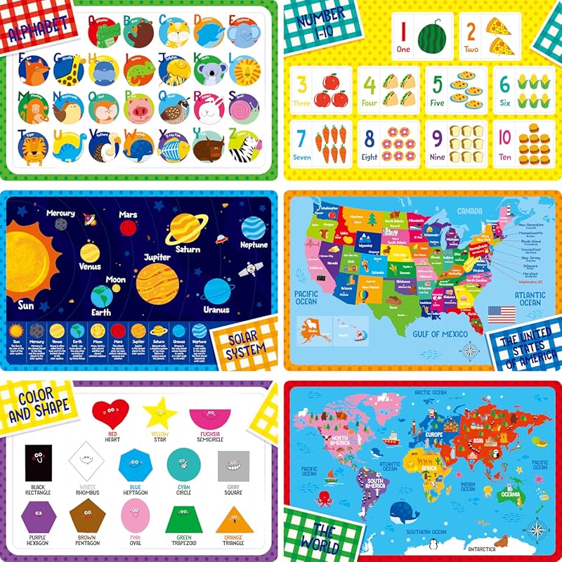 6 Pack Educational Placemats for Kids: Non-Slip, Washable, Reusable Le