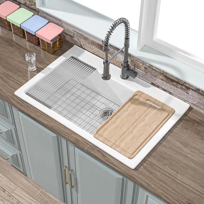 33-inch White Fireclay Drop-In Workstation Kitchen Sink with 4 Accesso