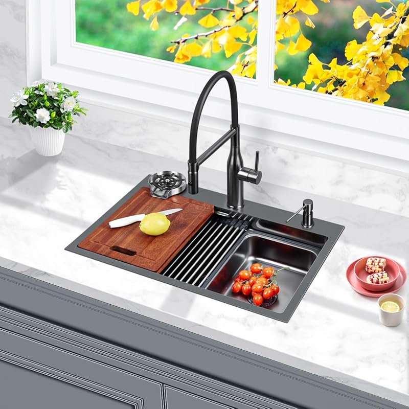 FRANIC 26x18 Inch Matte Nano Black Topmount Single Bowl Bar Workstatio