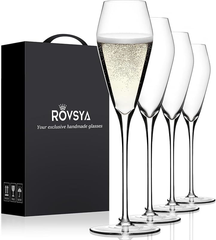 Hand Blown Crystal Champagne Flutes, Elegant 7.5 oz Set of 4 Wedding G