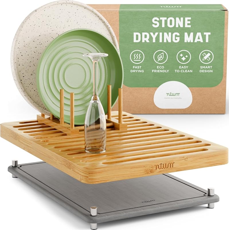 NIUM Stone Drying Mat 16"x12" & Bamboo Rack