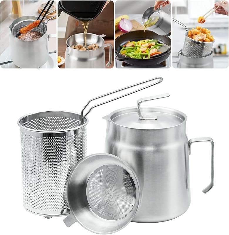 68oz Stainless Steel Oil Filter Pot with Deep Fryer Basket & Strainer 