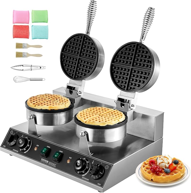 VEVOR Commercial Dual-Head Round Belgian Waffle Maker, 2460W Non-Stick