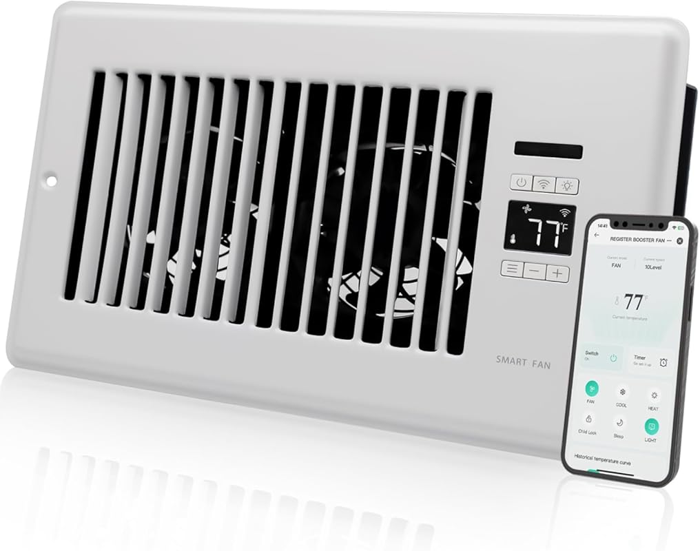 Super Quiet Smart Register Booster Fan 6x10 Vent, Dual Thermostat & WI