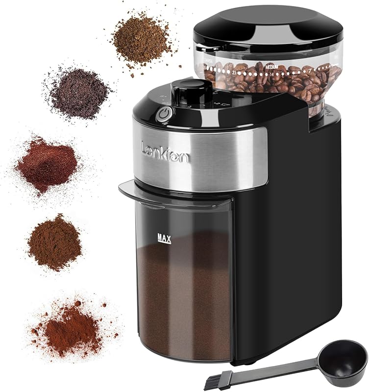 Lonkion Electric Burr Coffee Grinder - 28 Precise Settings, 12 Cup Cap