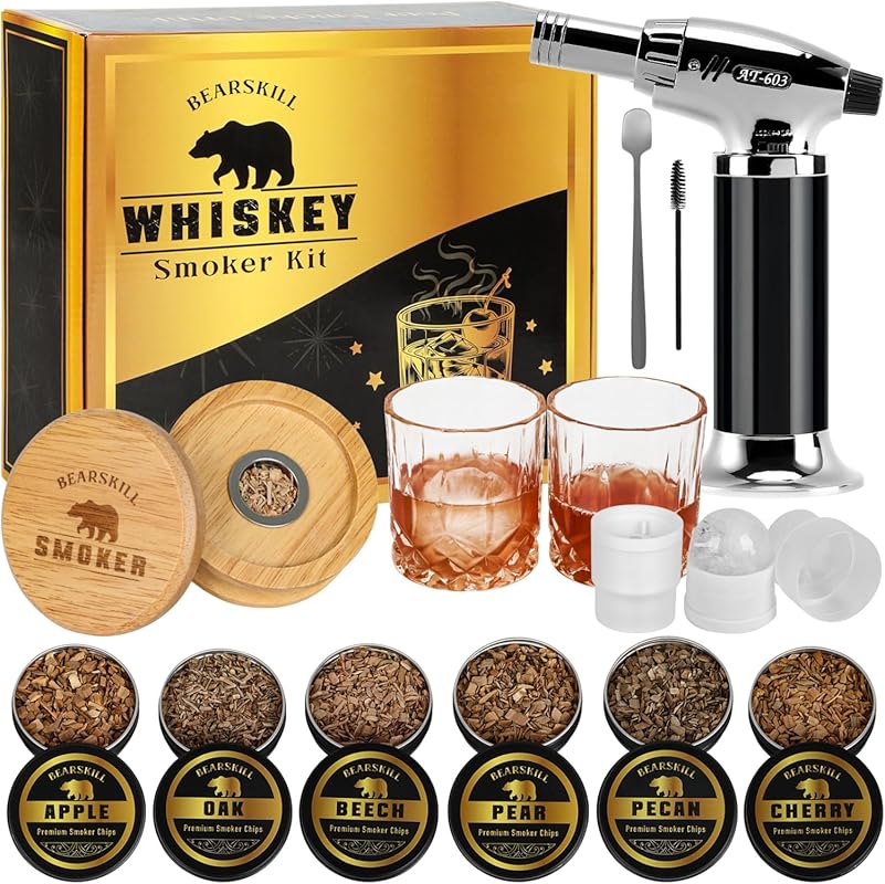 Whiskey Smoker Kit with Torch, 6 Wood Chip Flavors, 2 Glasses & Ice Mo