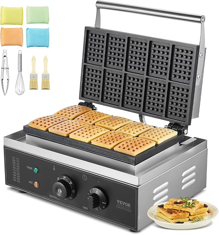 VEVOR Commercial 10-Piece Rectangle Belgian Waffle Maker, 1550W Non-St
