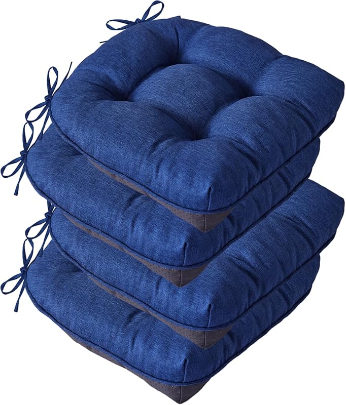Navy Blue Tufted Foam Dining Chair Cushions Set of 4, Non-Slip Indoor 