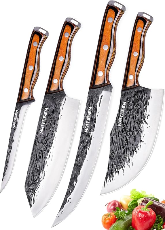 4PC Hand Forged Serbian Butcher Knife Set: Heavy Duty Meat Cleaver & B