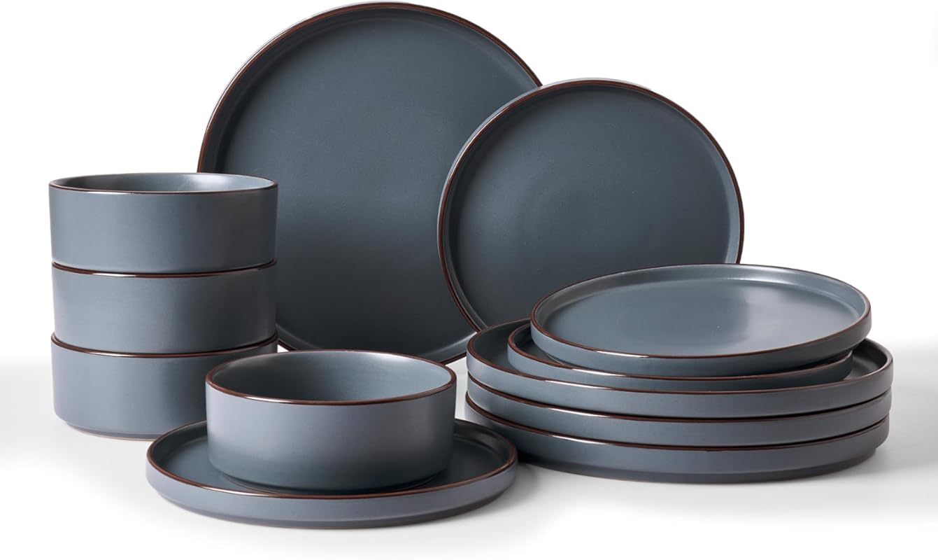 Famiware Nebula Ridge 12-Piece Stoneware Dinnerware Set for 4, Charcoa
