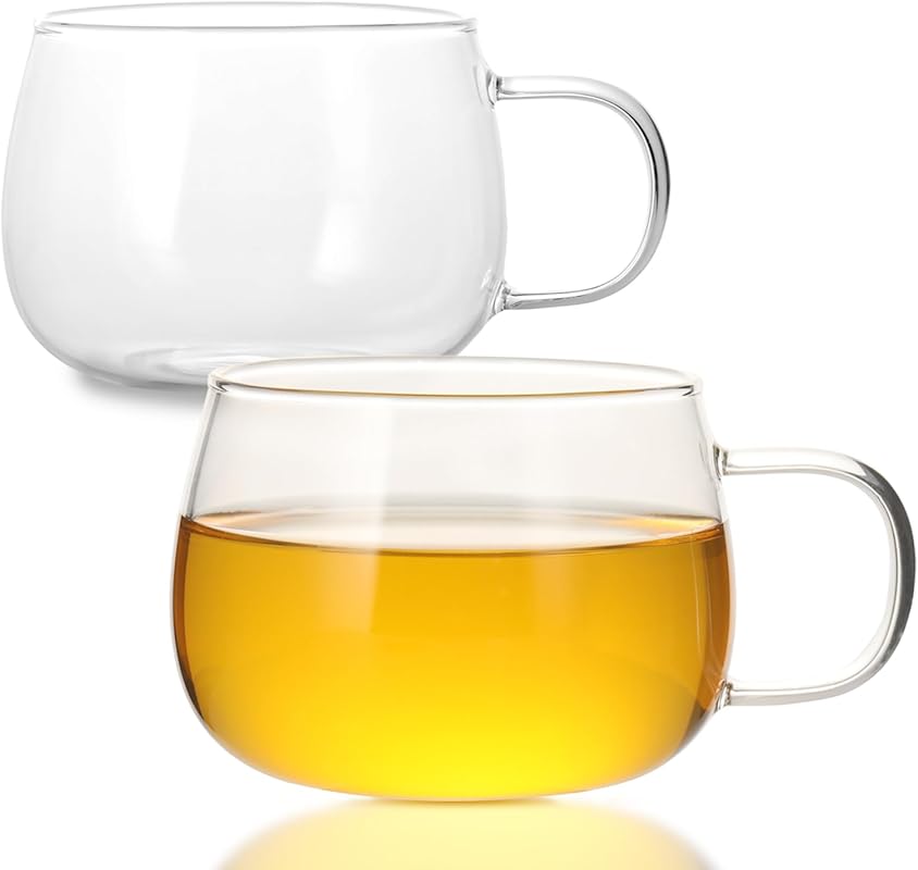 Clear Borosilicate Glass Tea Cups Set of 2, 12oz Mugs with Handles, Mi