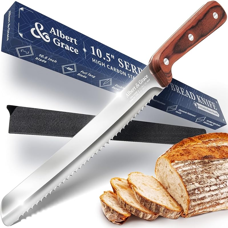 Albert&Grace 10.5" Serrated Bread Knife with Sheath: Ultra Sharp, Low-